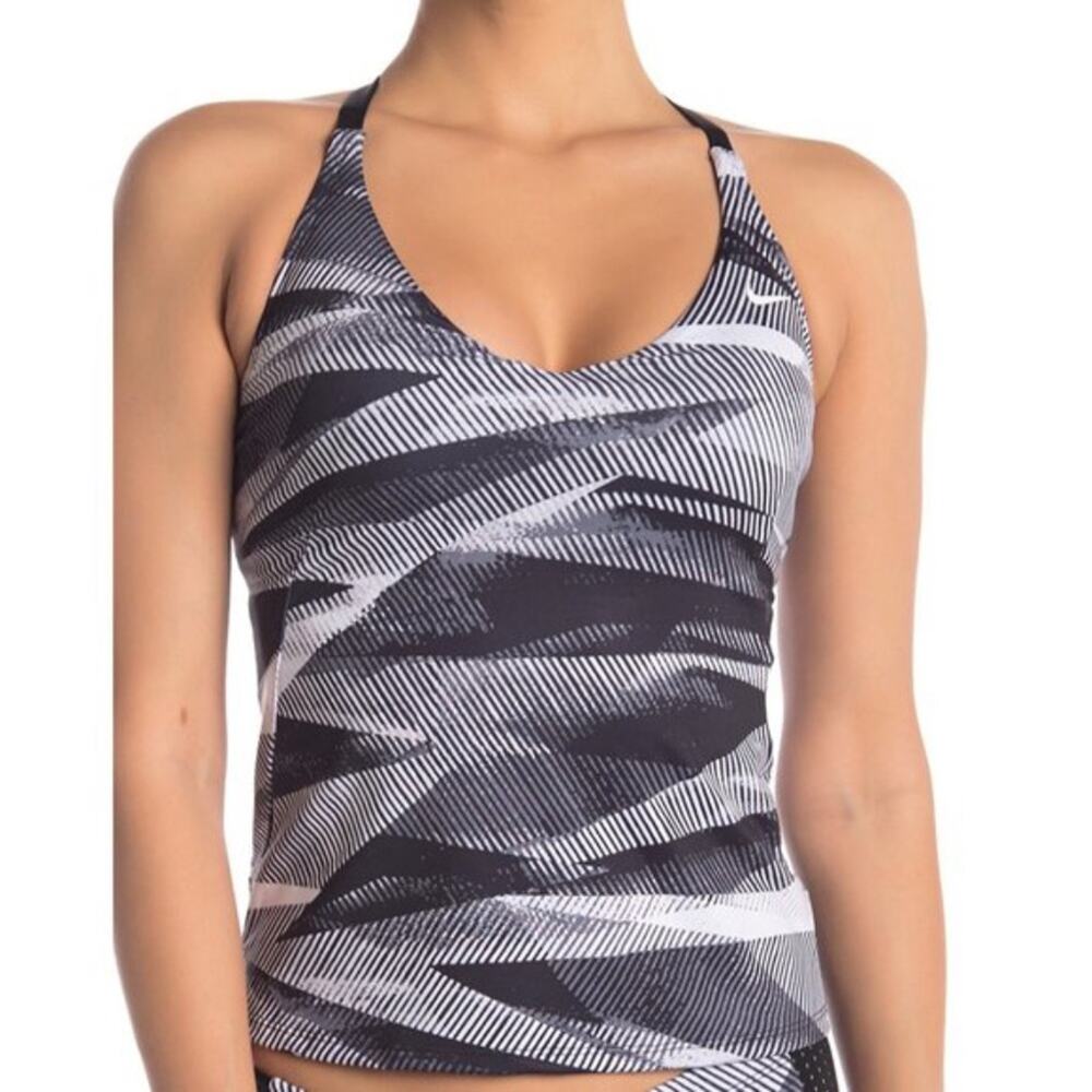 NIKE NWT Cross Back Stripe Silver Gray & Black Tankini Swim TOP – Small